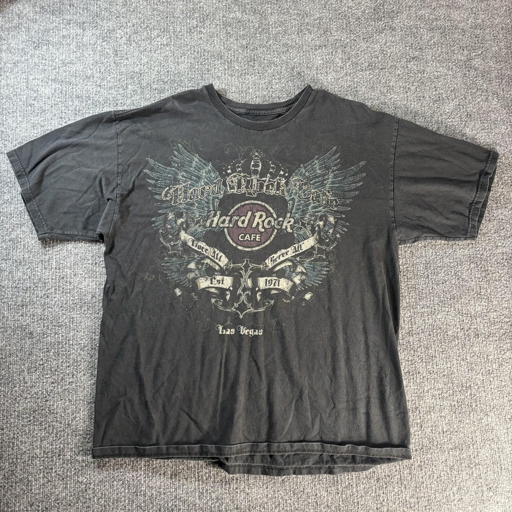 Hard Rock Cafe Shirt Mens XL Black Las Vegas Wings Crest Graphic Music Tee
